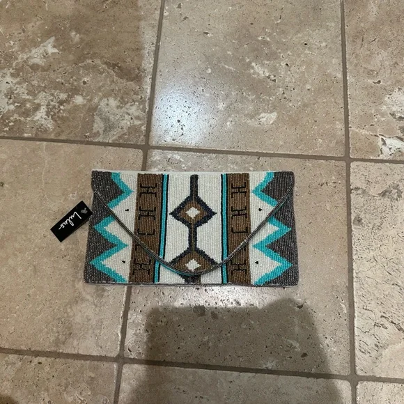 NWT Lulus Avonlea Teal Multi Beaded Clutch Blue - Picture 2 of 5